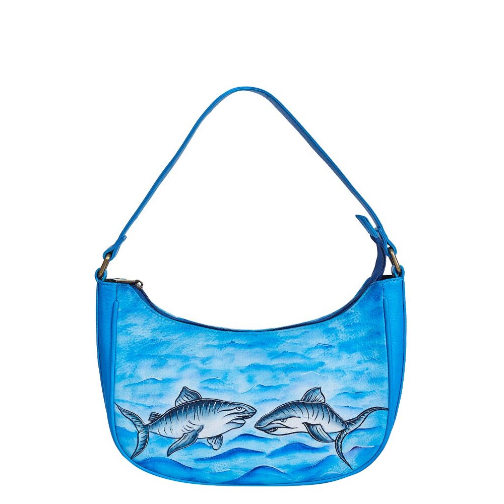 Hand-Painted Ladies Hobo Shoulder Bag –Ocean Blue Leather Tote Sling Bag Handbag